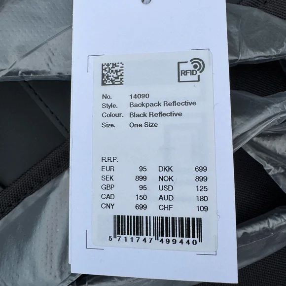RAINS Reflective Black Backpack. MSRP $110